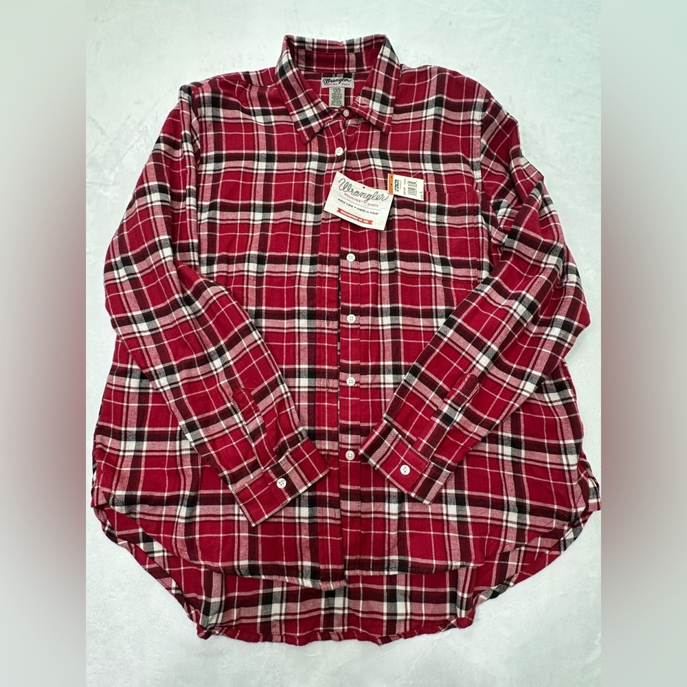 NWT Wrangler‎ Wrancher Shirts Red Black Plaid Button Up Shirt Mens Size Large